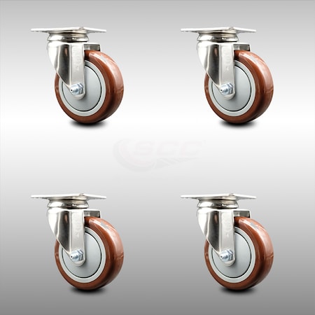 Service Caster 4 Inch 316SS Maroon Polyurethane Wheel Swivel Top Plate Caster Set SCC SCC-SS31620S414-PPUB-MRN-4